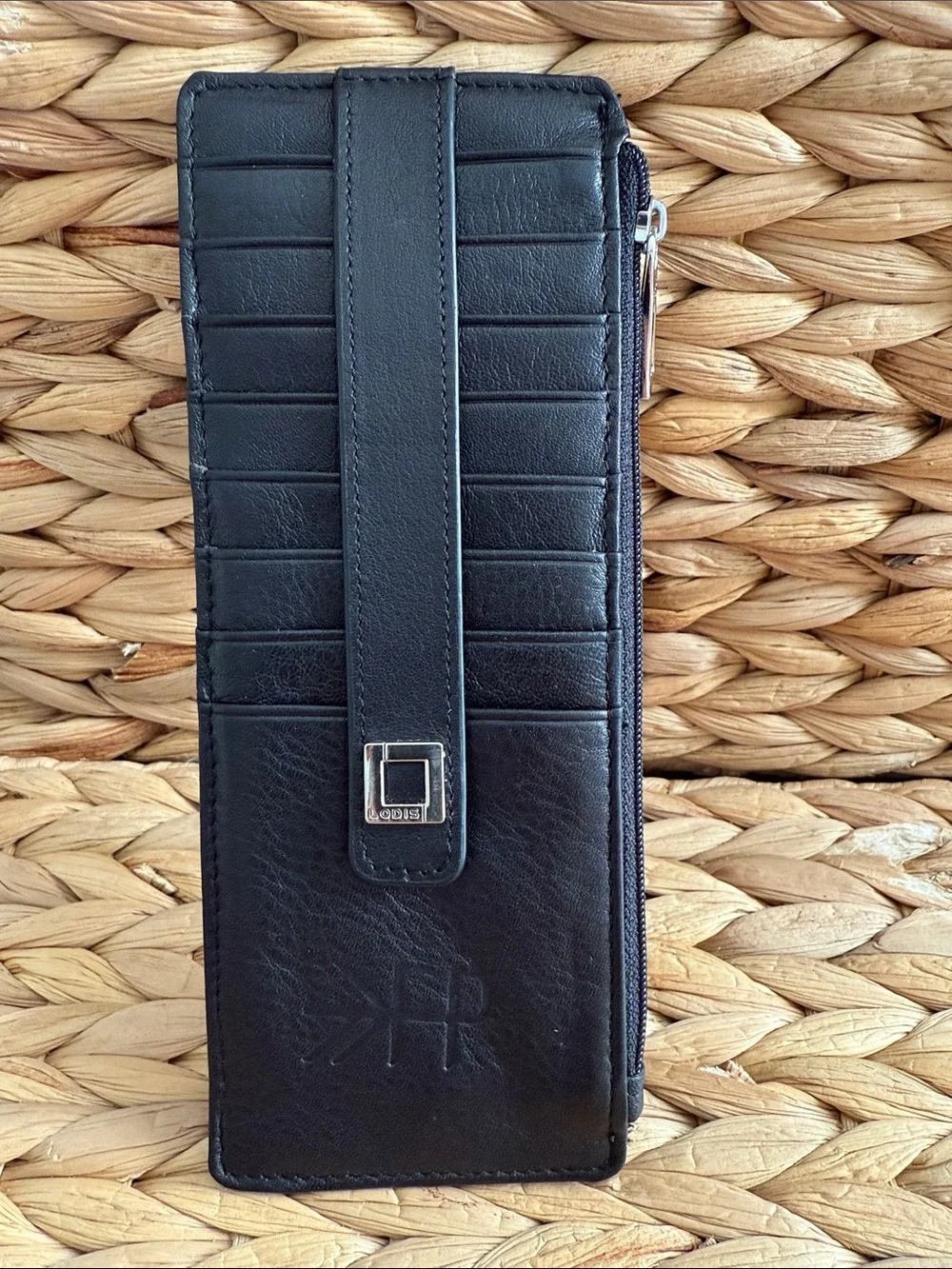 Lodis Black Leather Zip Card Holder with Strap and Silver Buckle